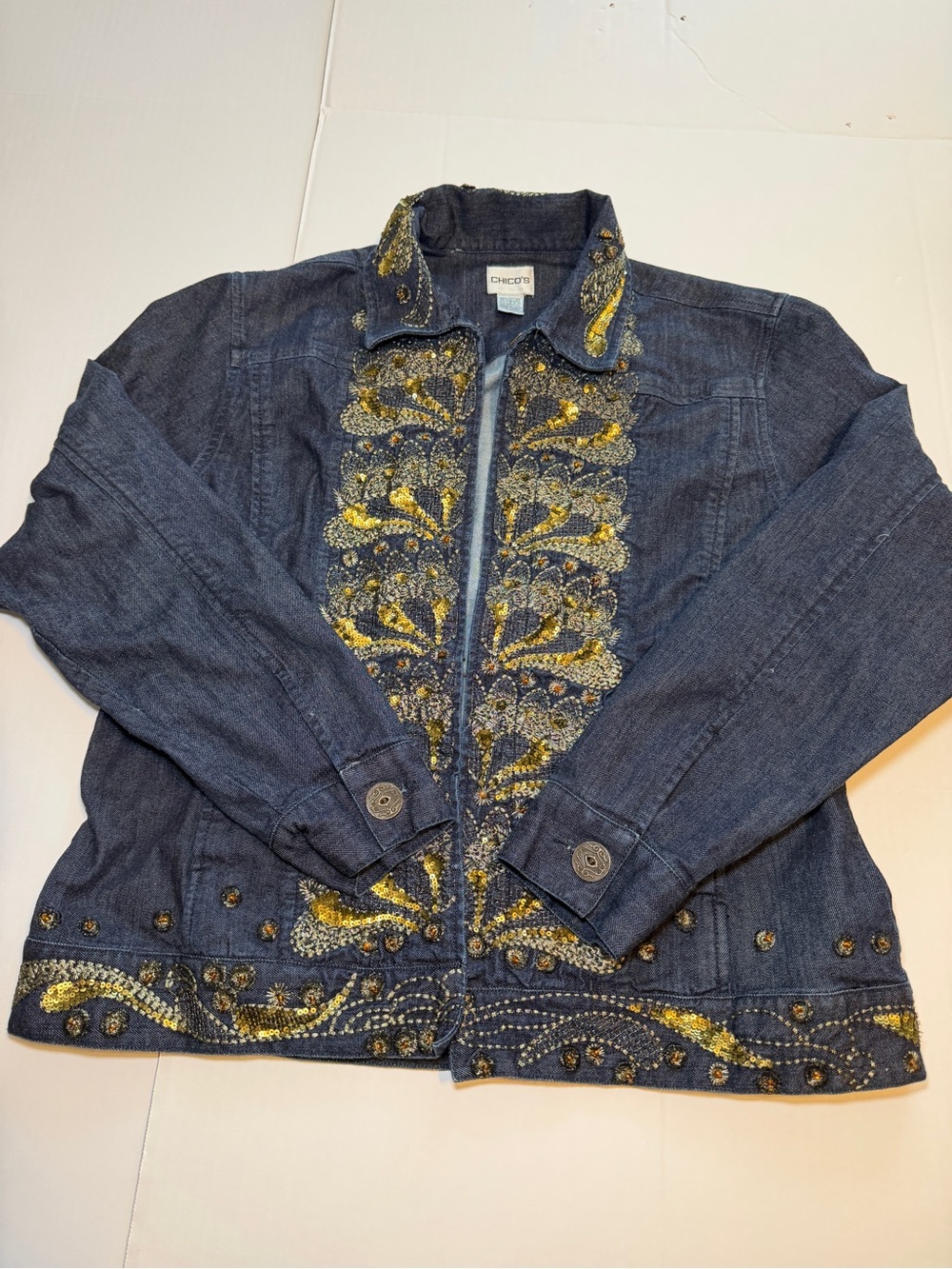 Chico's Dark Blue Denim Jacket with Gold Embellishment